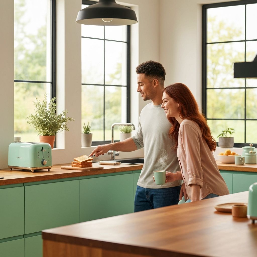 Pareja usando electrodomésticos en cocina moderna